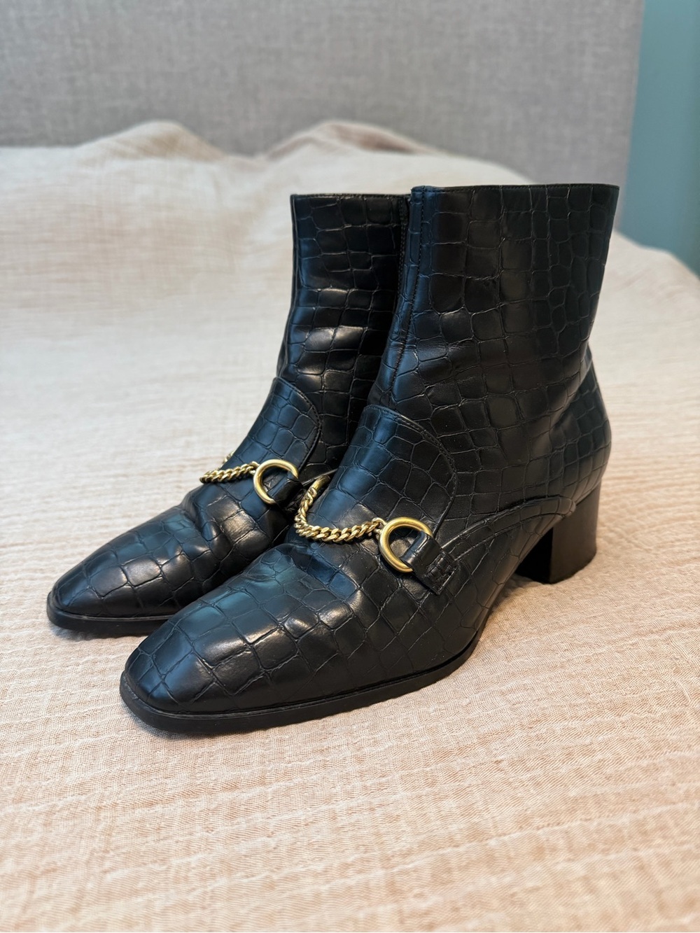 STELLA MCCARTNEY Black Croc-Embossed Leather Ankle Boots w/ Gold Chain Detail - Picture 3 of 8